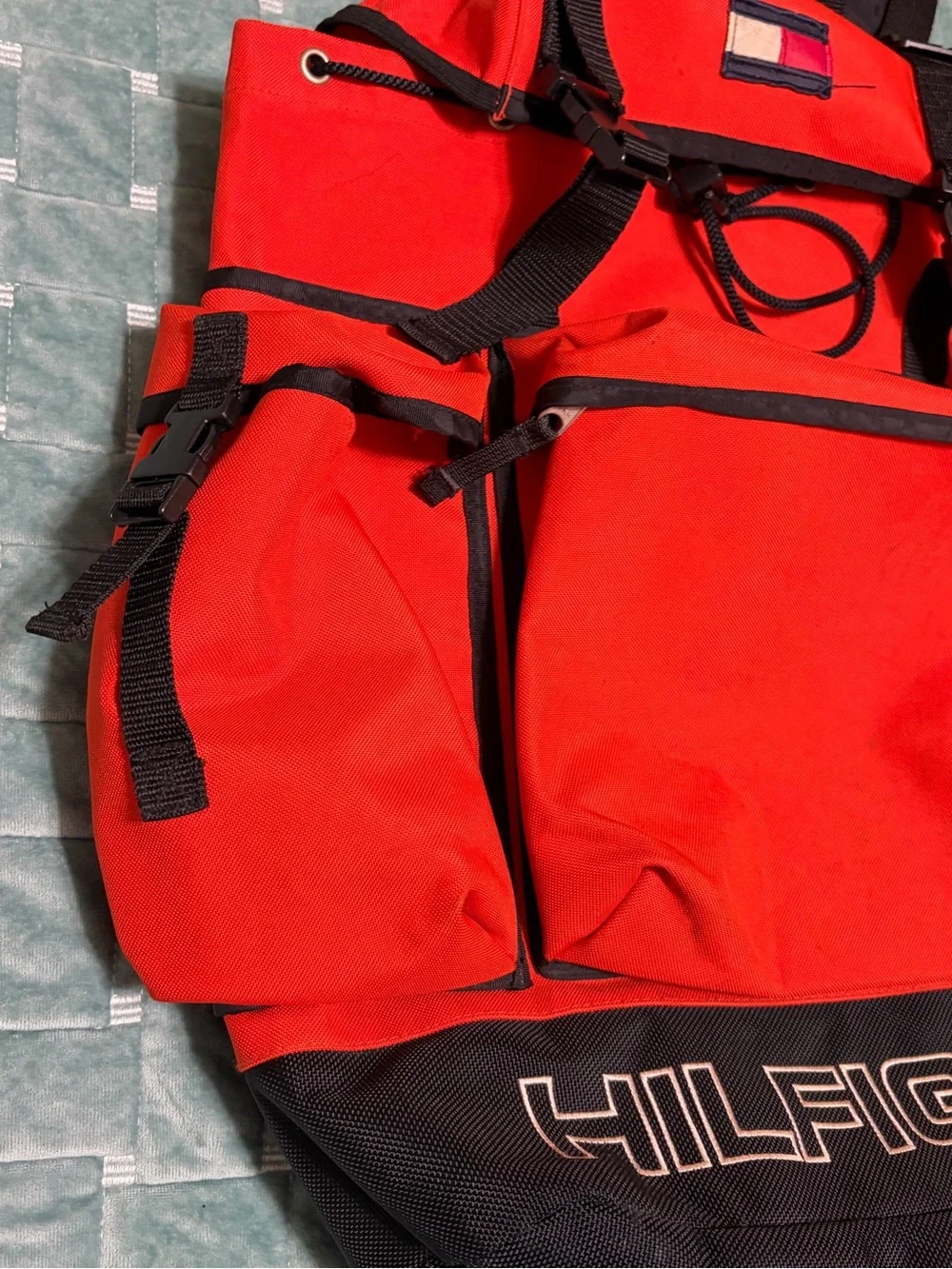 Vintage Tommy Hilfiger Orange Black Multi Pocket Backpack Hiking Travel Bag
